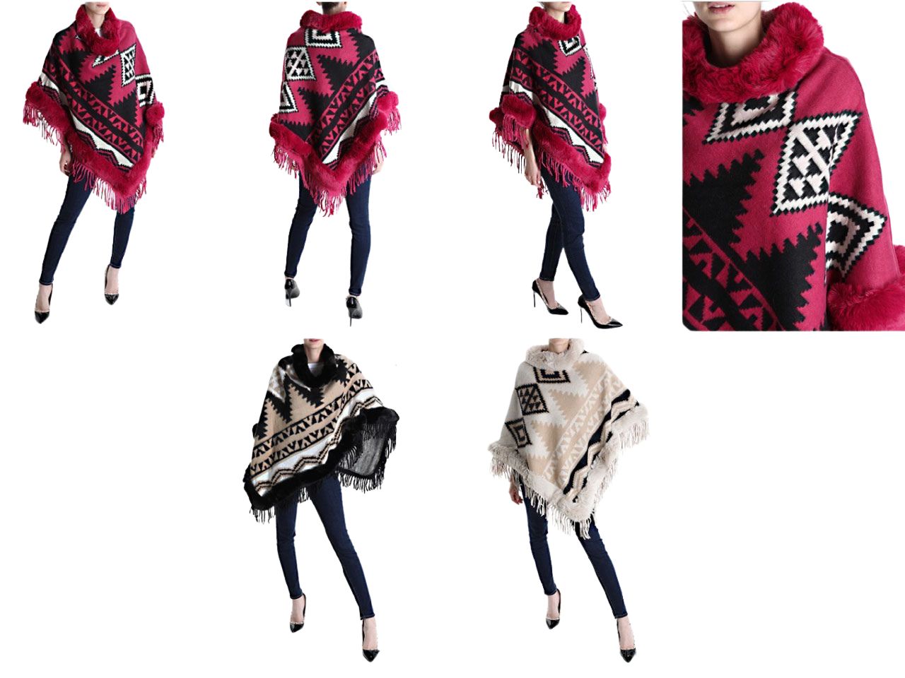 Poncho nei colori fucsia, nero e panna