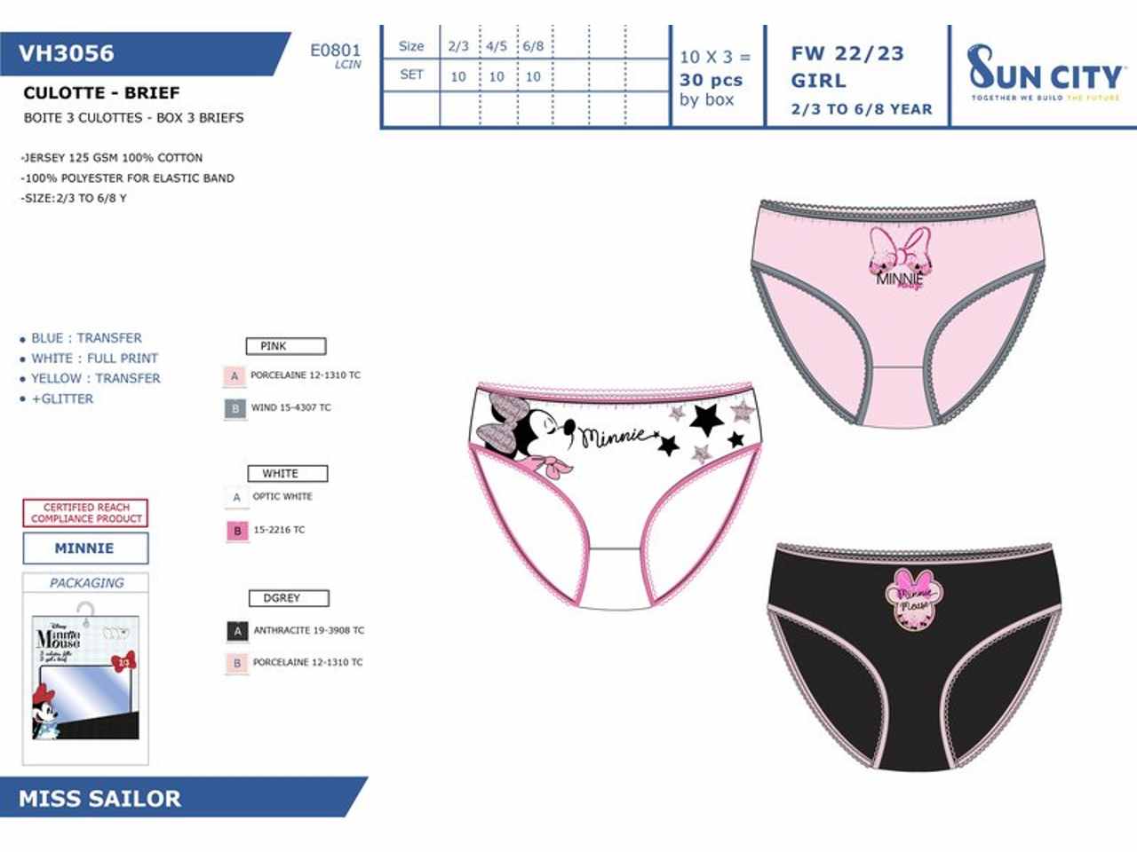 Minnie slip 3 pezzi taglia 2-8 anni 100% cotone