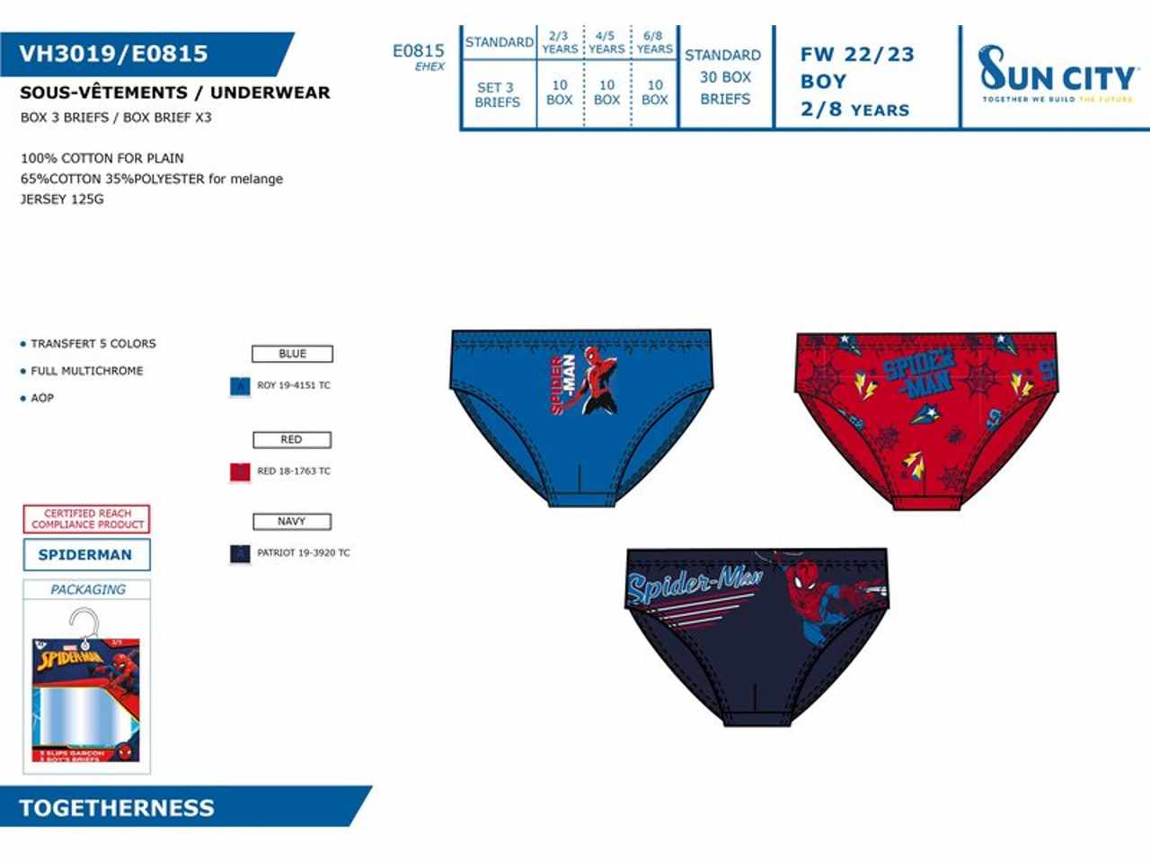 Spiderman slip 3 pezzi taglia 2-8 anni 100% cotone