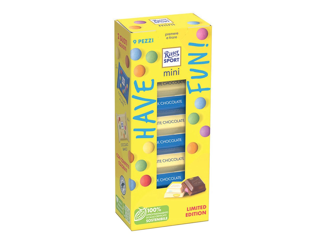 Tavoletta ritter sport mini have fun da 150gr - la confezione comprende 9 gusti assortiti