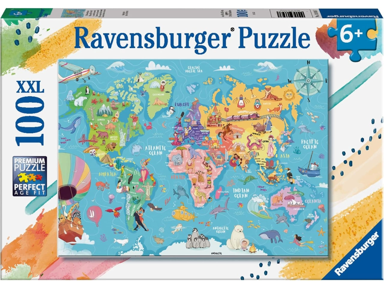 Puzzle Mappa del mondo, 100 Pezzi XXL, Età Raccomandata 6+ Anni - Ravensburger
