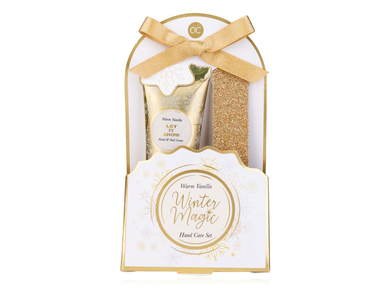 Set per la cura delle mani winter in confezione regalo - la confezione comprende 1 crema mani e unghie da 30ml 1 lima per le unghie fragranza vaniglia colore bianco crema e oro