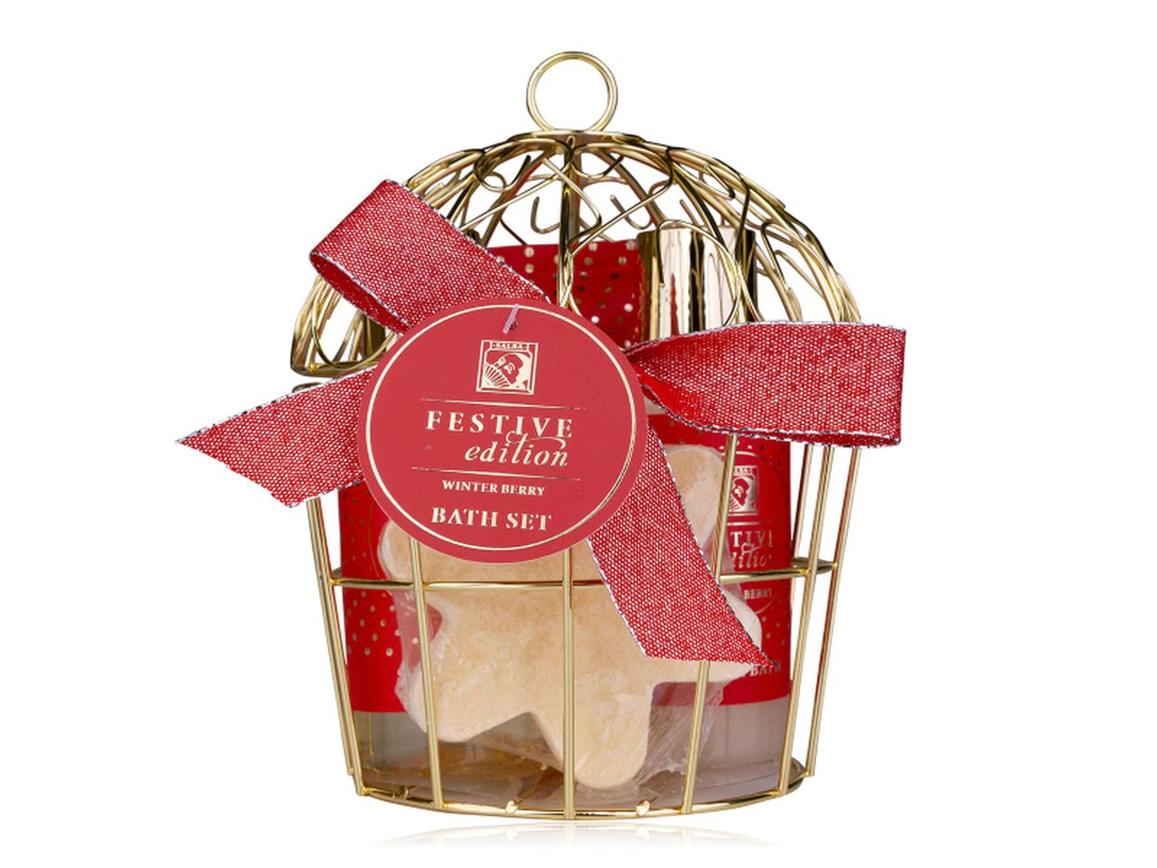 Set da bagno festive edition cestino in filo a forma di gabbia per uccellini - la confezione comprende 1 bagnoschiuma gel da 100ml 1 bagno di bolle da 100ml 1 scrub corpo da 80ml 1 sali da bagno da 60gr fragranza bacche invernali