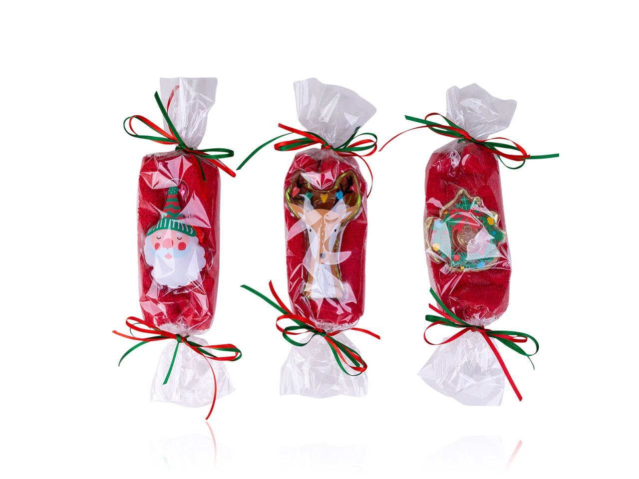 Confezione mini doccia gel in set da 3 a forma di caramella babbo natale e co in 3 fragranze cervo al te bianco babbo natale alle bacche invernali e corona alla vaniglia 50ml