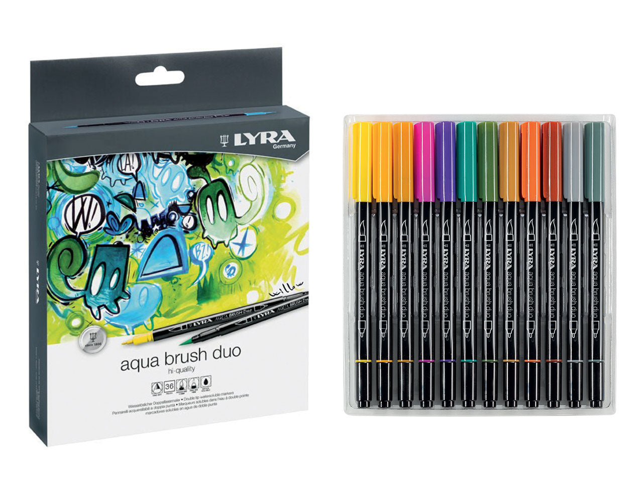Pennarelli lyra aqua brush duo alta qualita' misura 1-5mm e 1mm - la confezione contiene 36 pennarelli