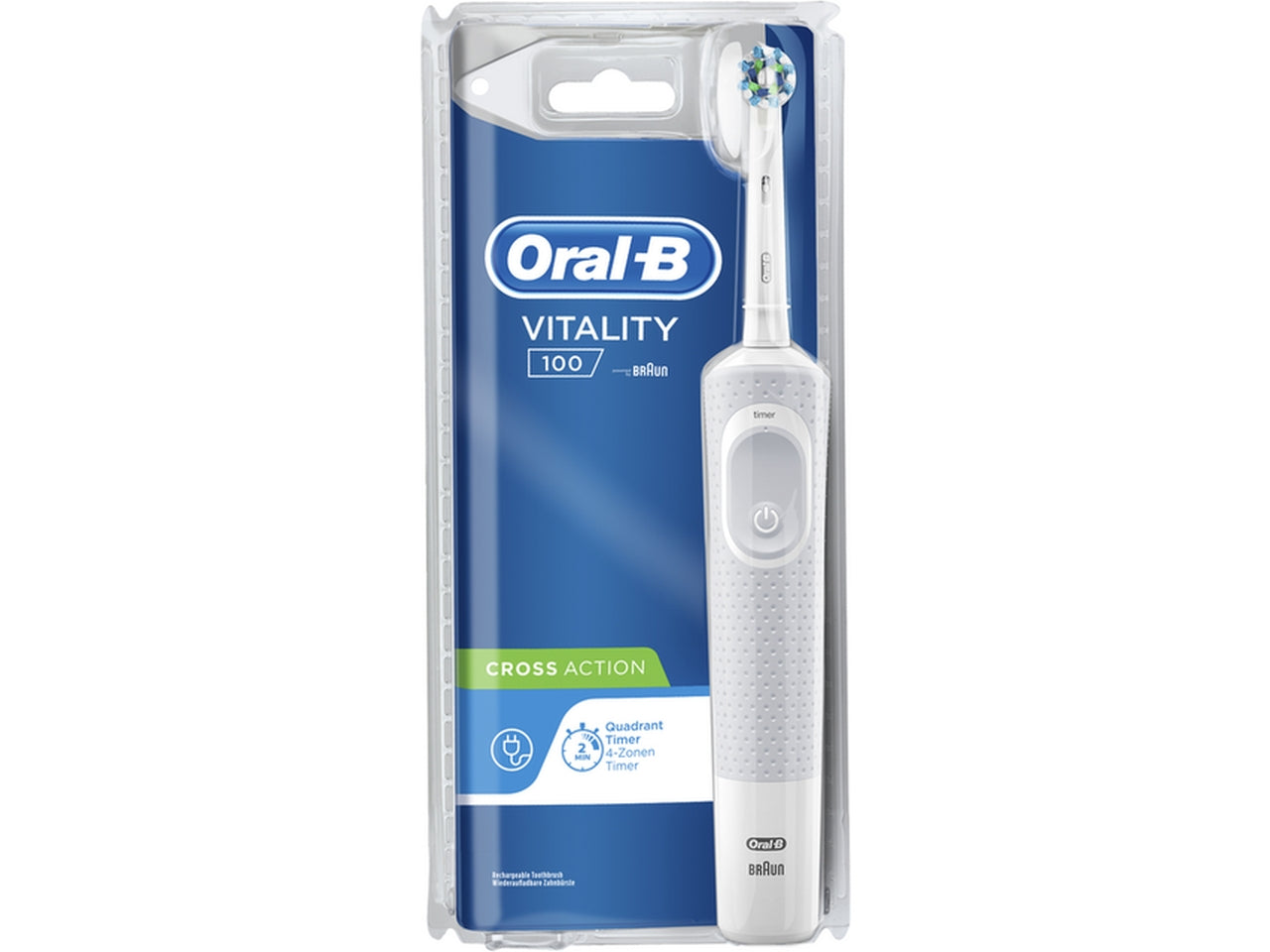 Spazzolino Elettrico bianco Oral B Vitality 100 Cross Action: Movimento Oscillante e Rotatorio, Timer Quadrante 2 Minuti, Braun $