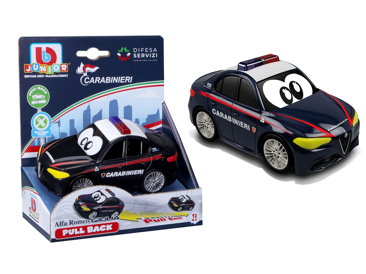 Auto Giocattolo Pull Back Alfa Romeo Giulia Carabinieri con Retrocarica: Die-cast, Licenza Ufficiale Alfa Romeo, Dimensioni 17x31x22 cm, Età 12m+ | Maisto Tech