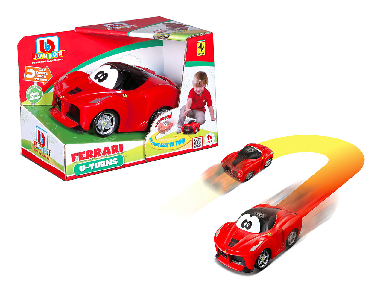 Auto Giocattolo U-Turns Ferrari con Retrocarica: Die-cast Rosso, Licenza Ufficiale Ferrari, Funzione Speciale di Ritorno, Dimensioni 10,16x12,1x17,15 cm, Età 12m+ | Bburago Junior