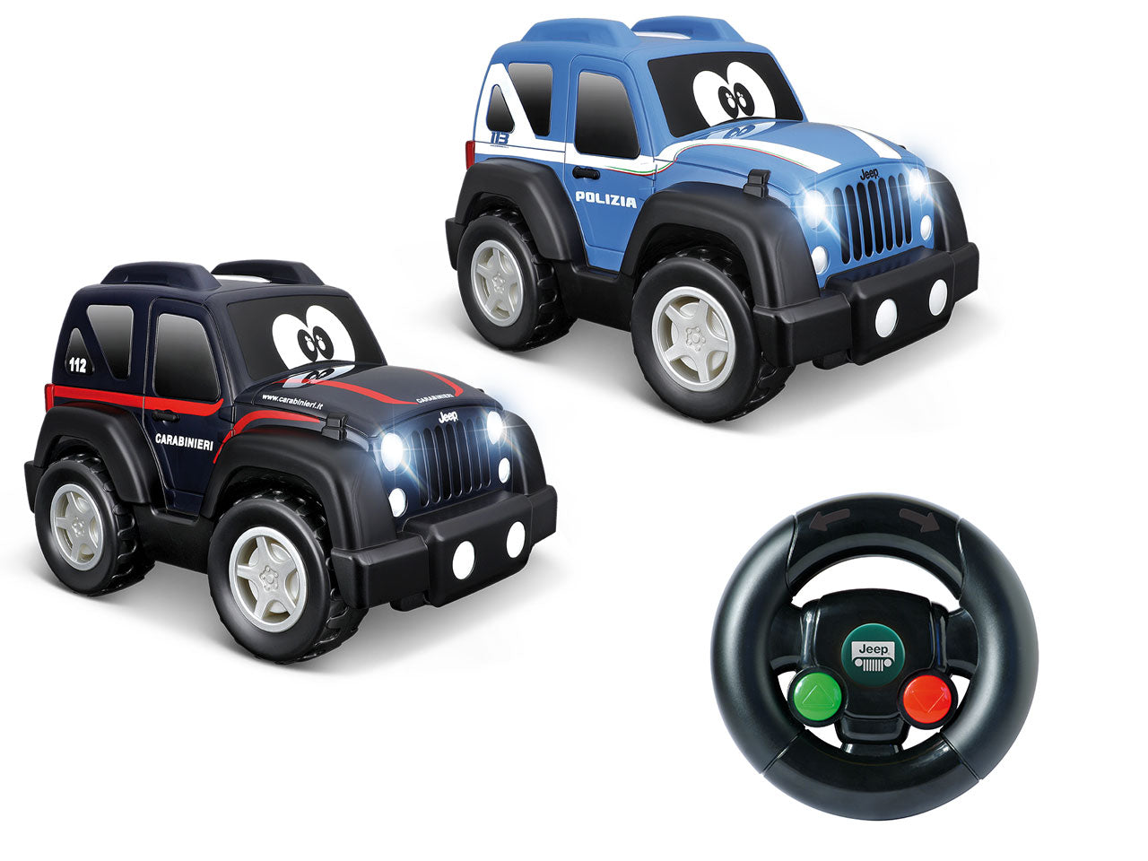 Auto Giocattolo Jeep My First Radiocomandata - Carabinieri & Polizia Modelli Assortiti: Die-cast Blu e Bianco, Azzurro e Bianco, Licenza Ufficiale Jeep, Dimensioni 18,42x20,96x33,02 cm, Età 24m+ | Bburago Junior