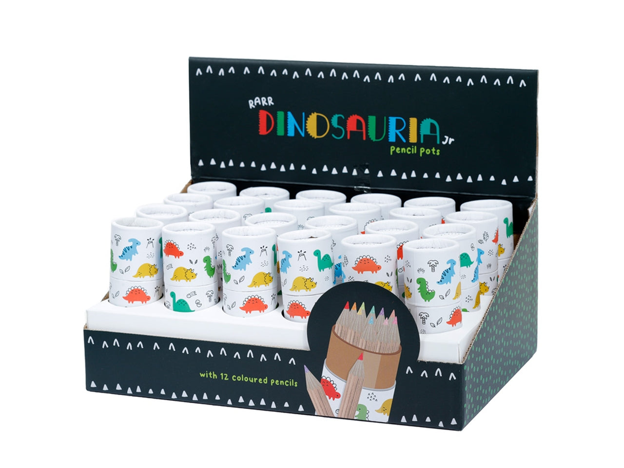 Tubo con 12 matite colorate con dinosauri legno e cartoncino nero - Puckator