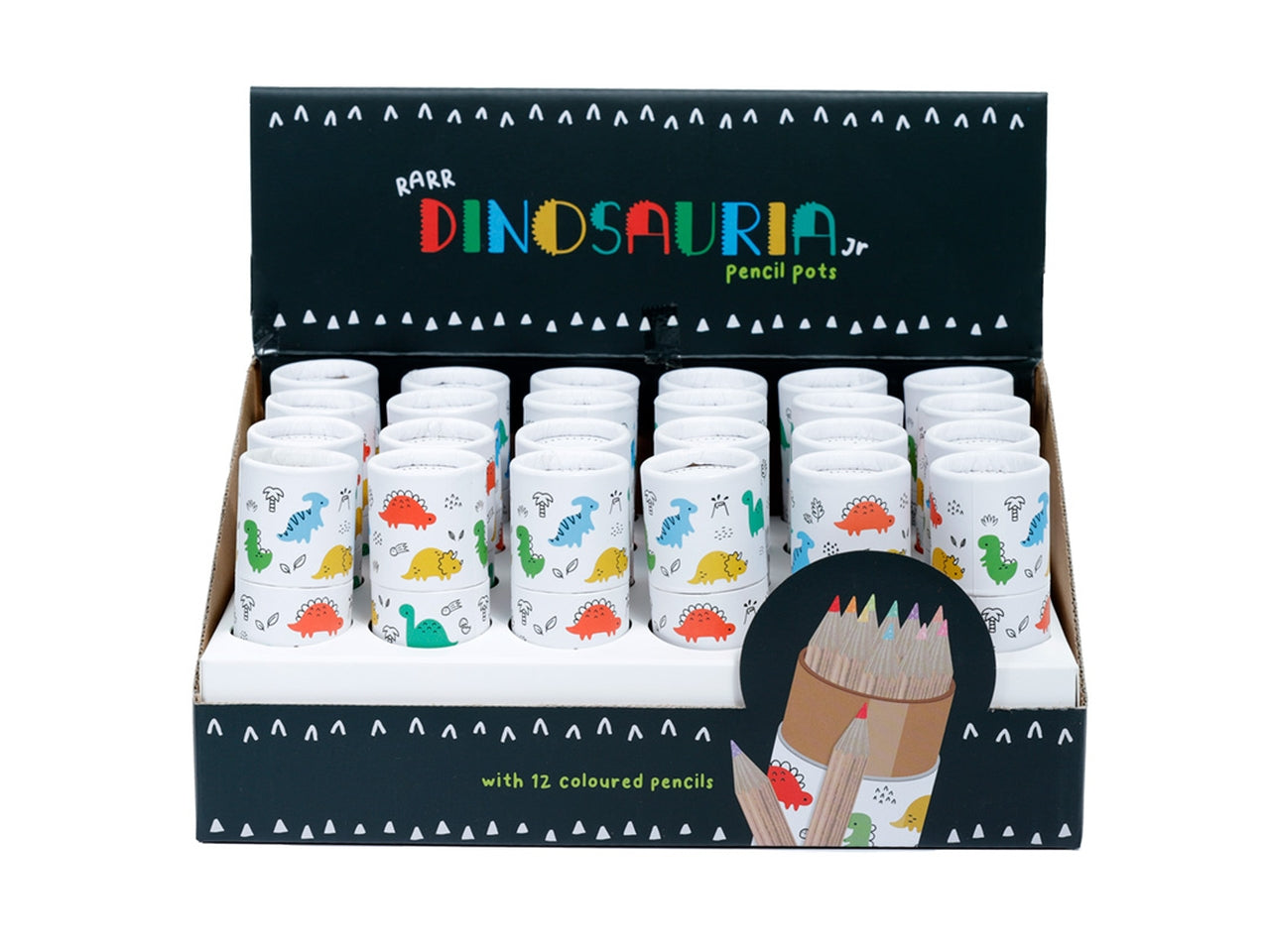 Tubo con 12 matite colorate con dinosauri legno e cartoncino nero - Puckator