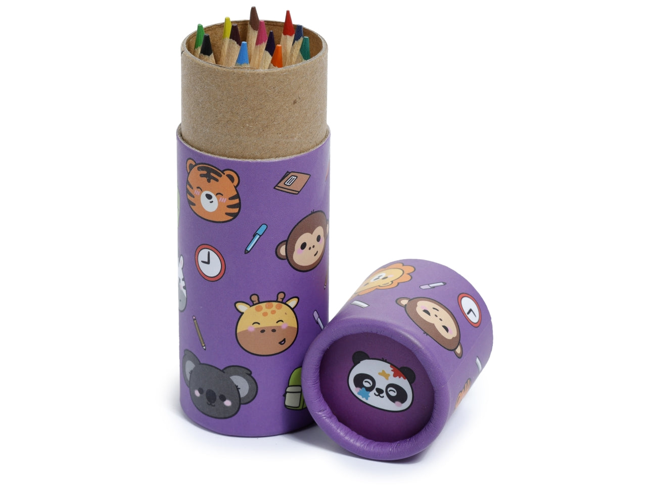 Tubo con 12 matite colorate con animali legno e cartoncino viola e verde - Puckator