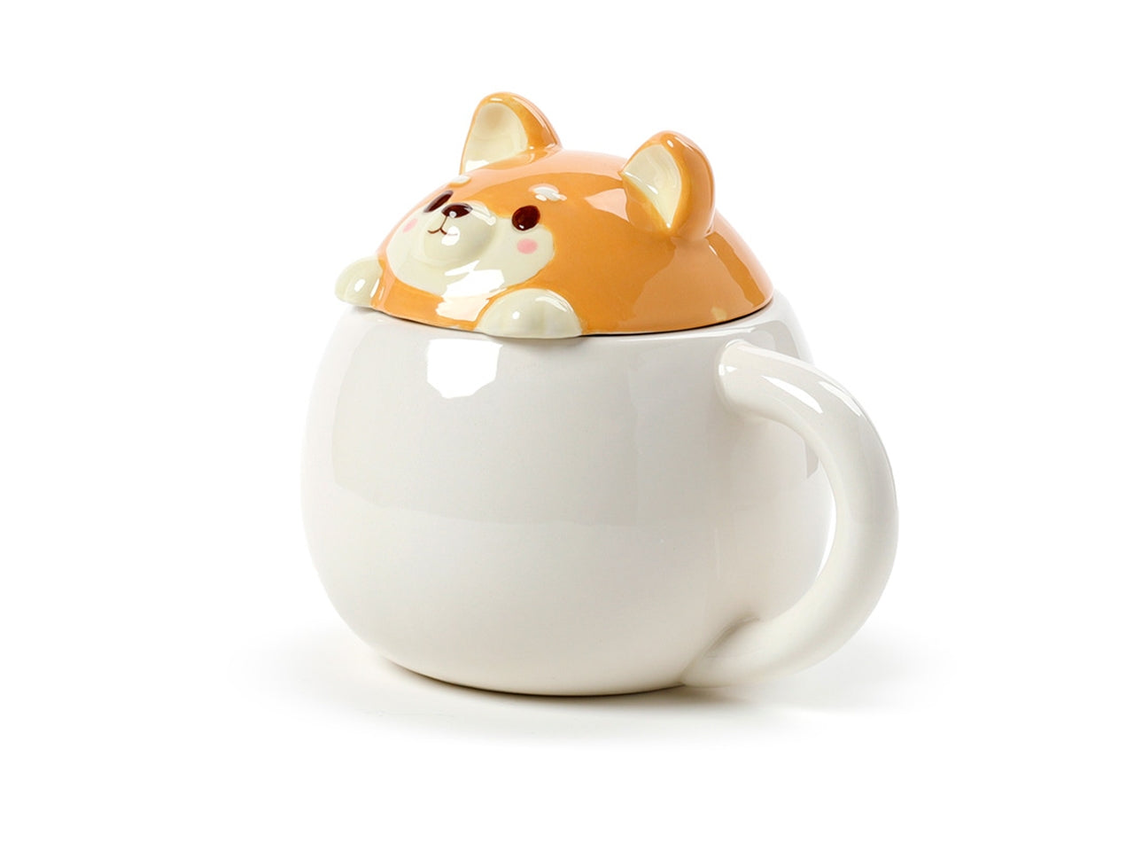 Tazza mug in ceramica dolomite bianco e arancio con coperchio a forma di testa di cane Shiba - Puckator