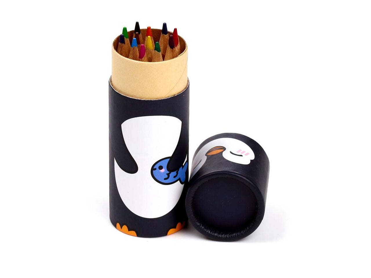 Tubo con 12 matite colorate pinguino legno e cartoncino nero - Puckator