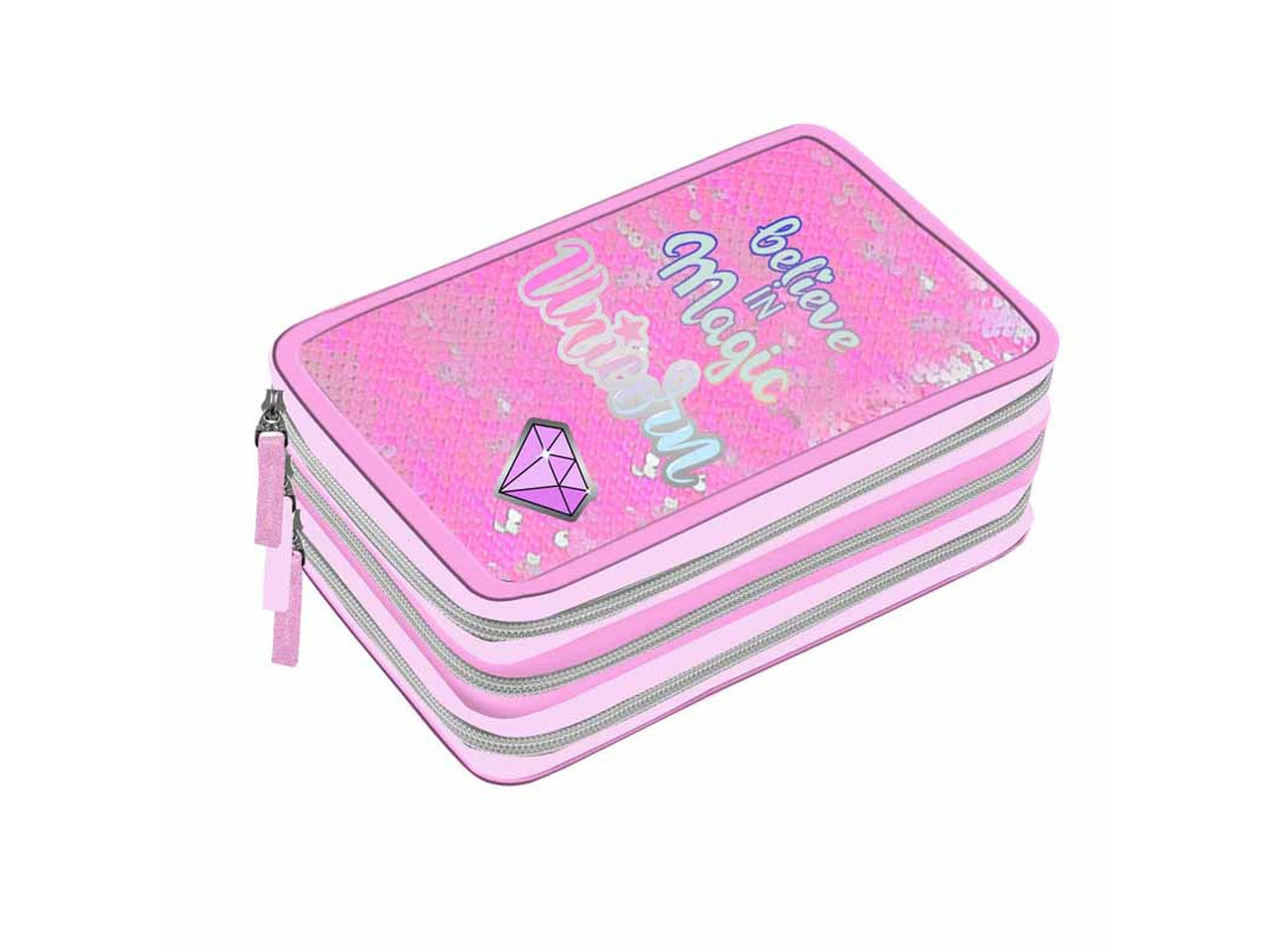 Astuccio scuola 3 scomparti unicorno per bambina fucsia e rosa in tessuto con paillettes patch cucite 19,5x12,5x6 cm - Dimagraf