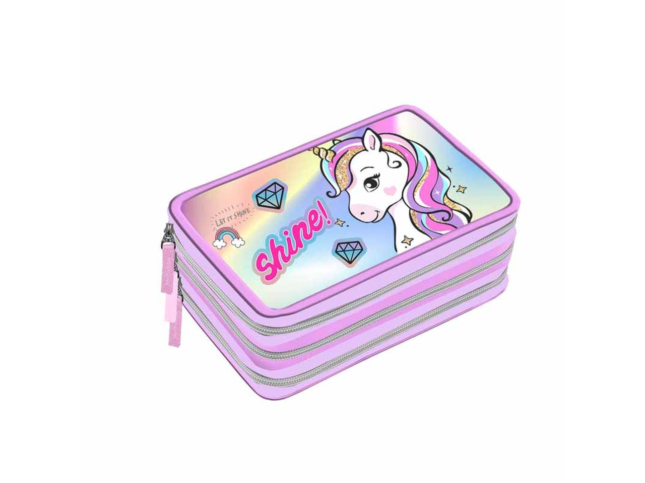 Astuccio scuola 3 scomparti unicorno per bambina lilla e rosa in tessuto oleografico patch cucite 19,5x12,5x6 cm - Dimagraf
