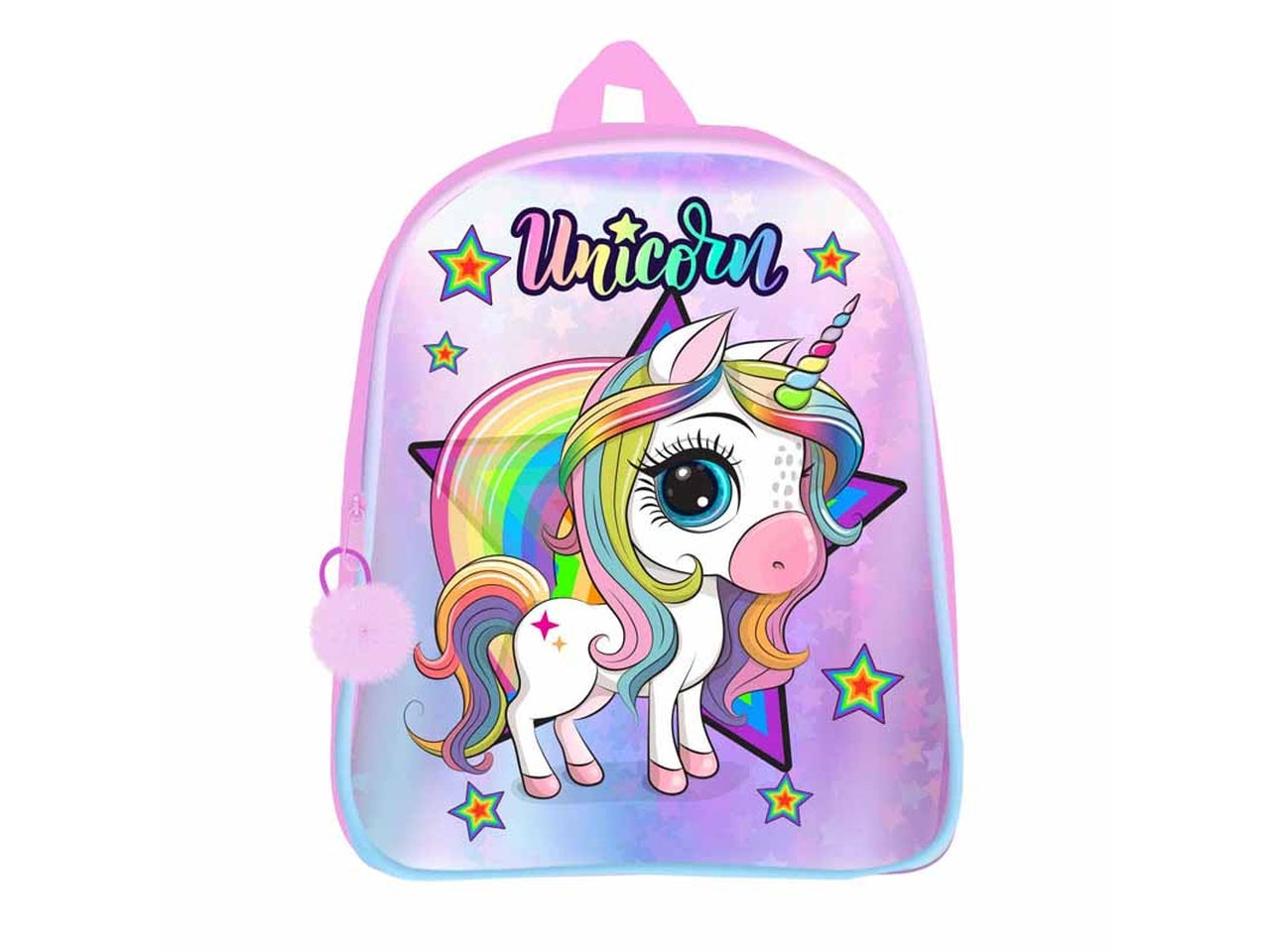 Zaino asilo unicorno per bambina in tessuto iridescente lilla, con tirazip pon pon 30x21x8 cm - Dimagraf