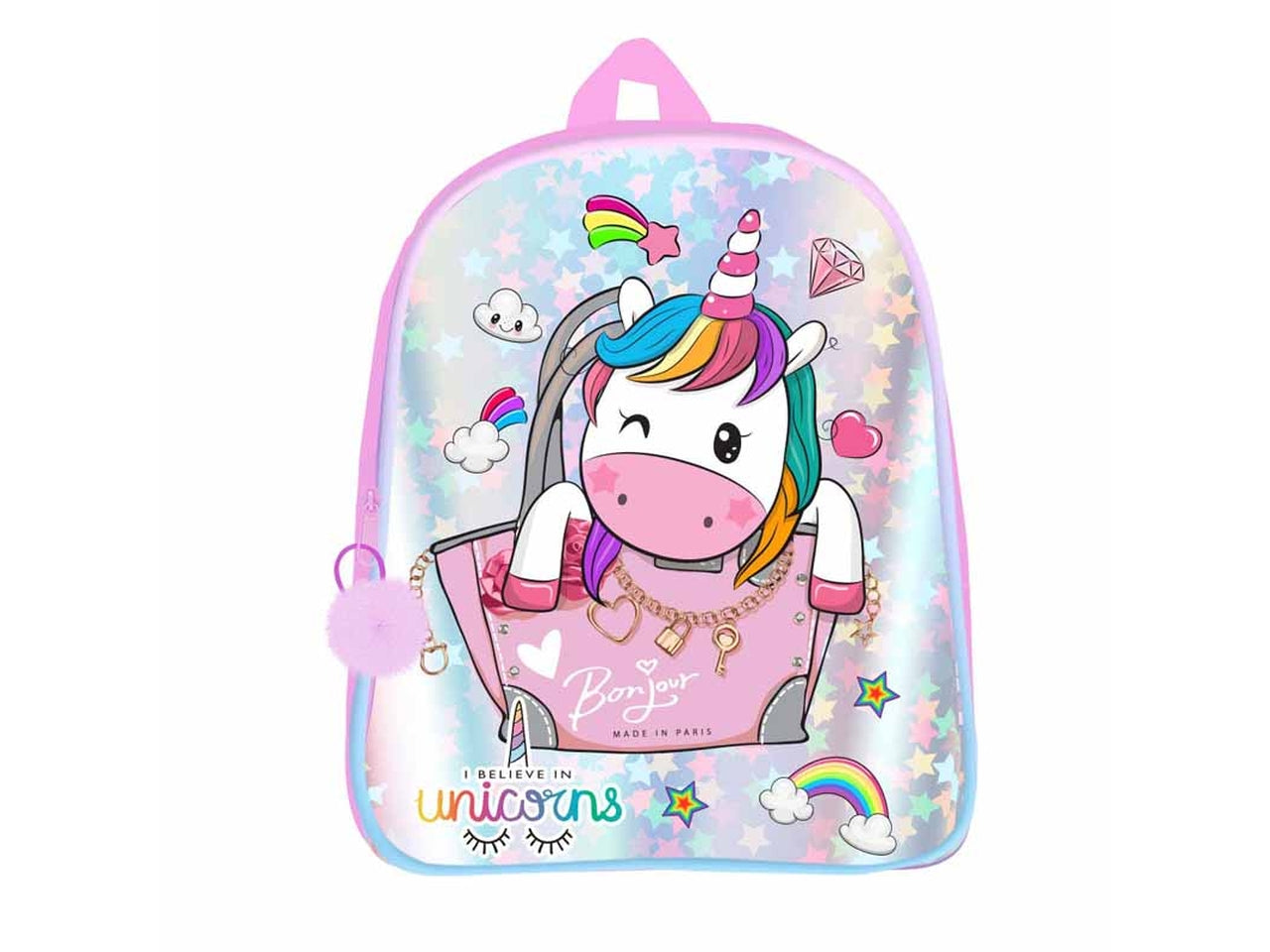 Zaino asilo unicorno per bambina in tessuto iridescente lilla, con tirazip pon pon 30x21x8 cm - Dimagraf