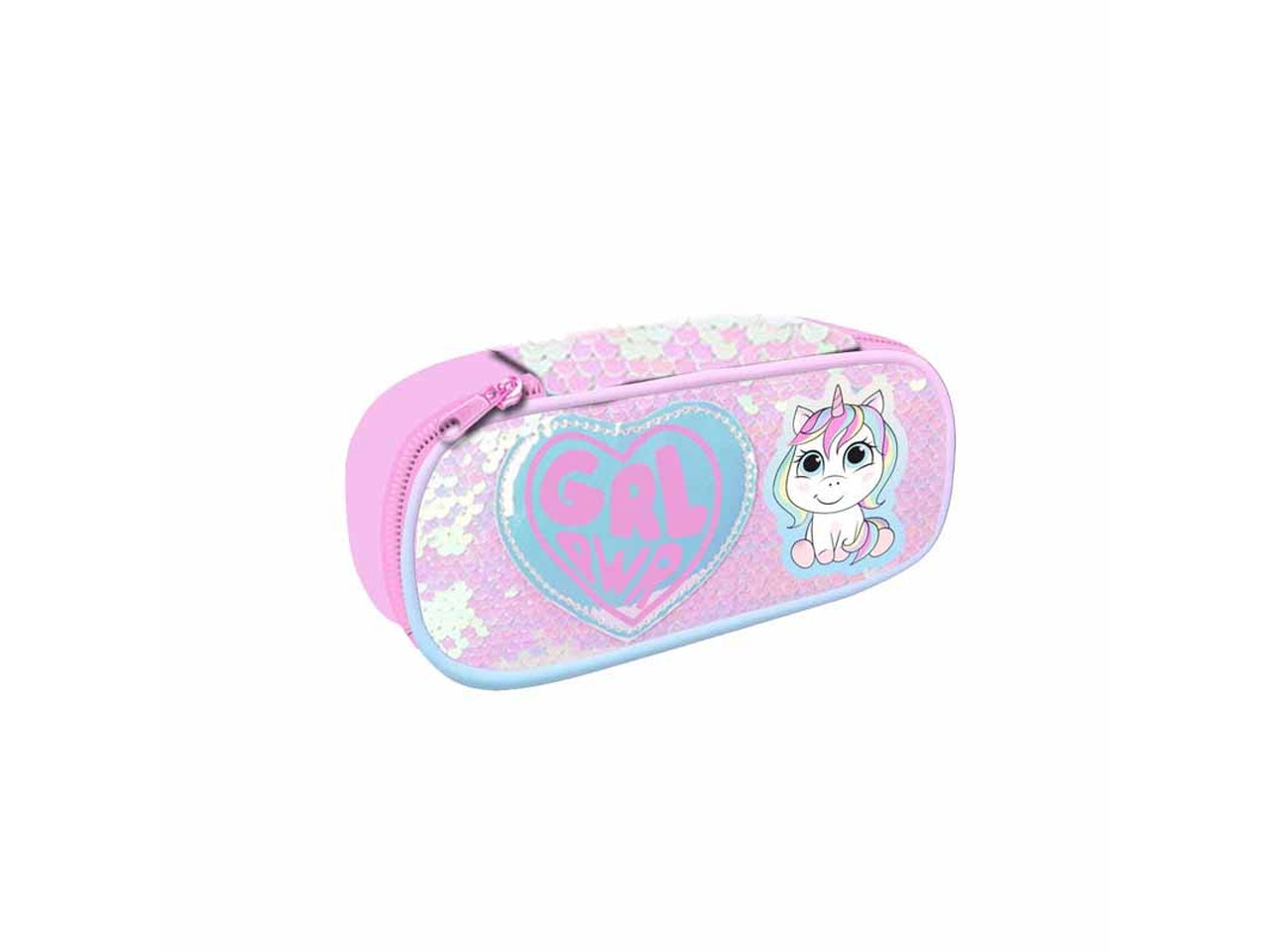 Astuccio ovale rosa in poliestere con unicorno, chiusura zip e dettagli in paillettes e patch cucite 22x10x5 cm - Dimagraf