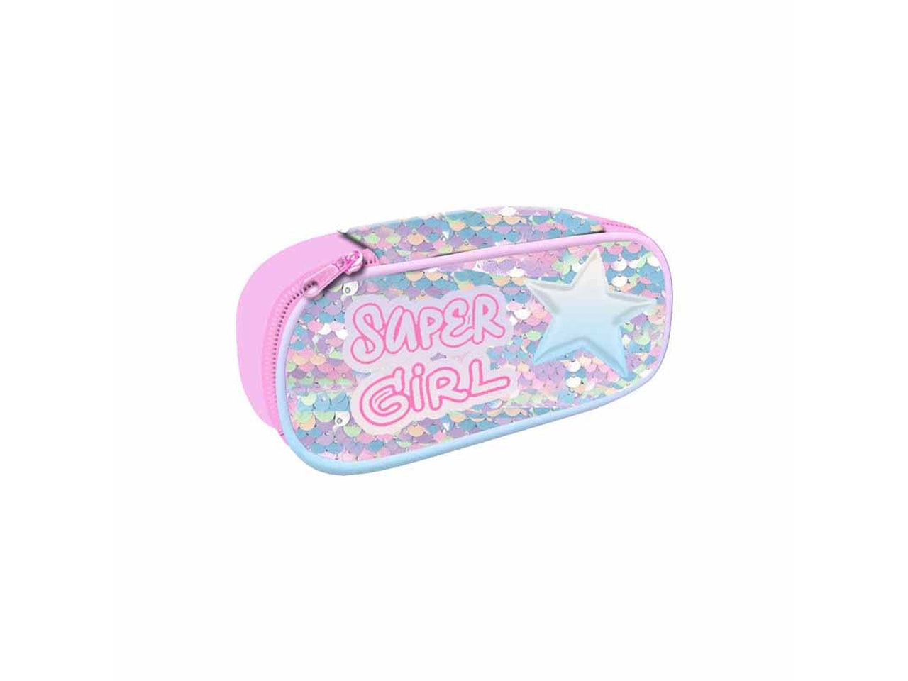 Astuccio ovale rosa in poliestere, chiusura zip e dettagli in paillettes e patch cucite 22x10x5 cm - Dimagraf