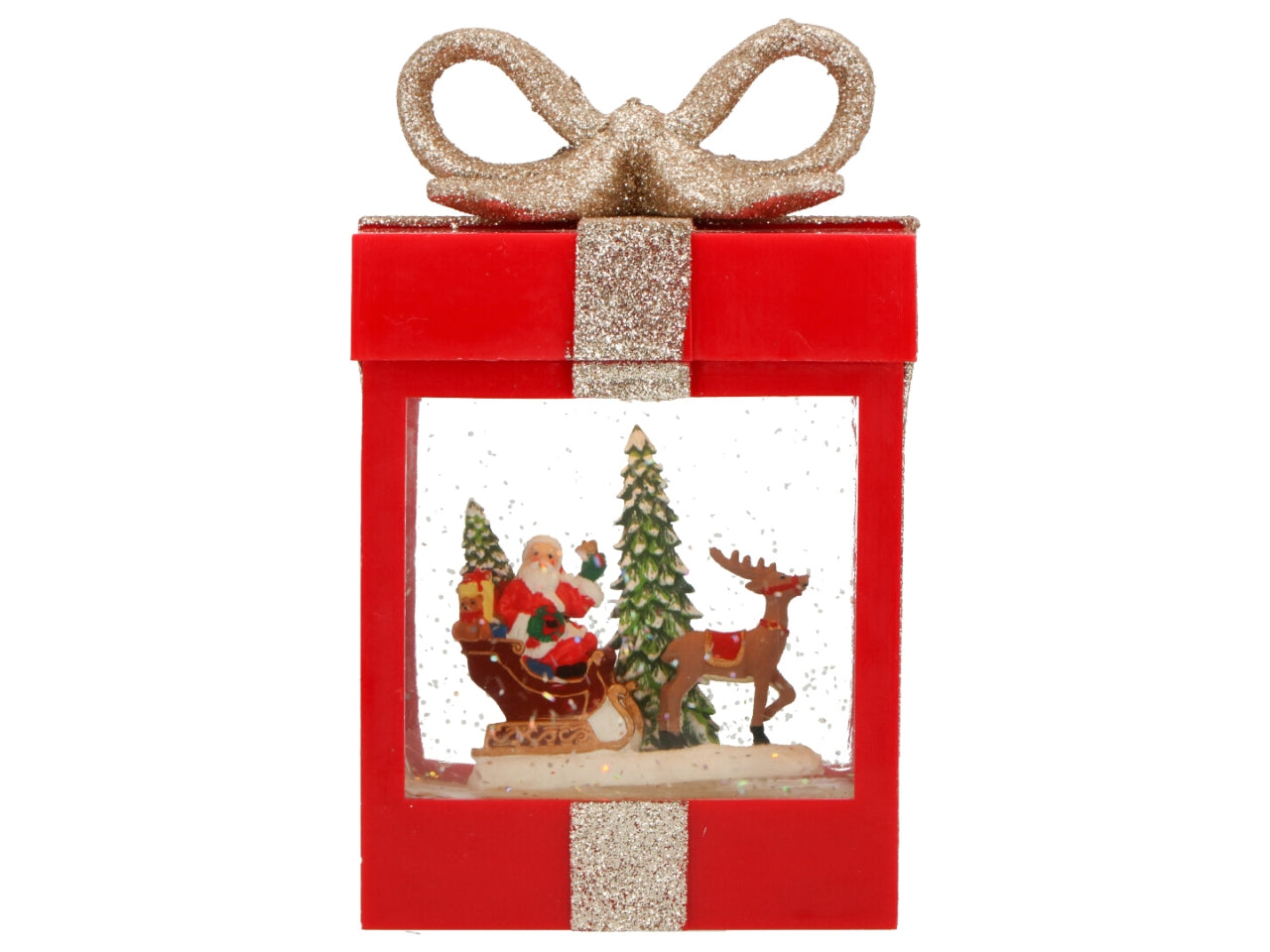 Giostrina natalizia pacco regalo ad acqua con babbo natale 11x11x18,5cm con led a batteria