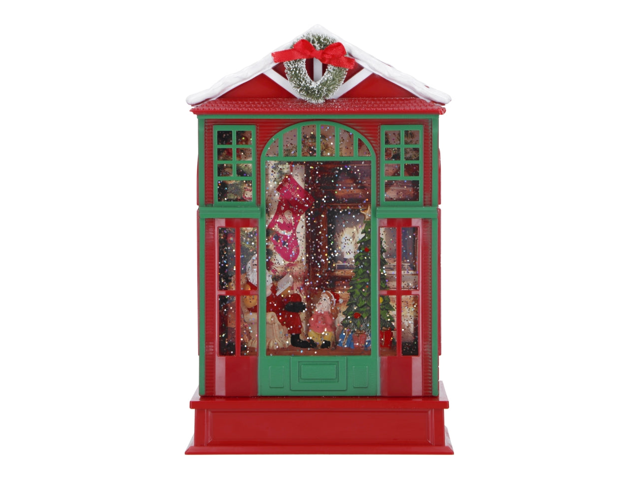 Giostrina natalizia casa di babbo natale con acqua 16x9,3x25,6cm con led a batteria