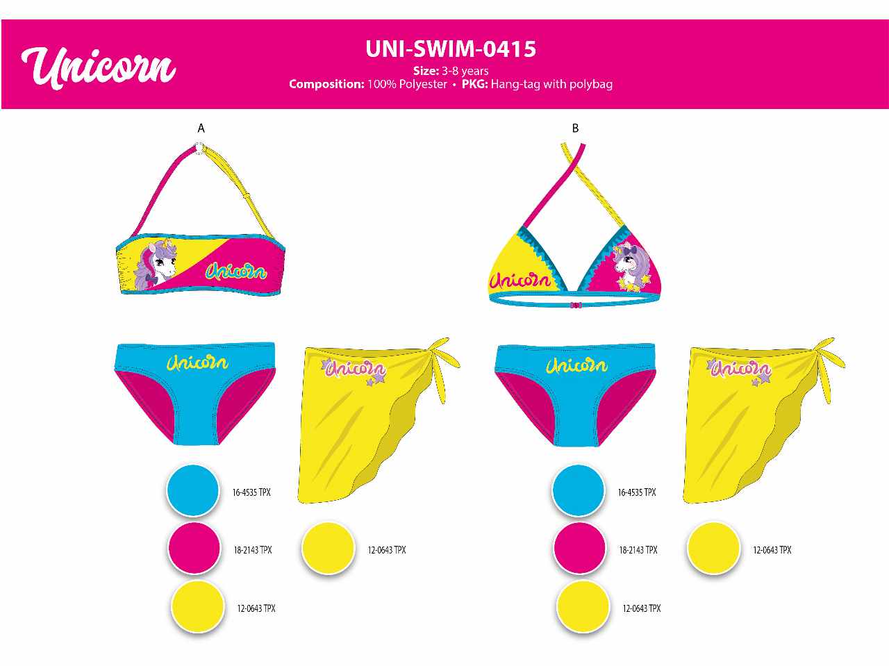 Costume da bagno bimba bikini 3-8 anni unicorno