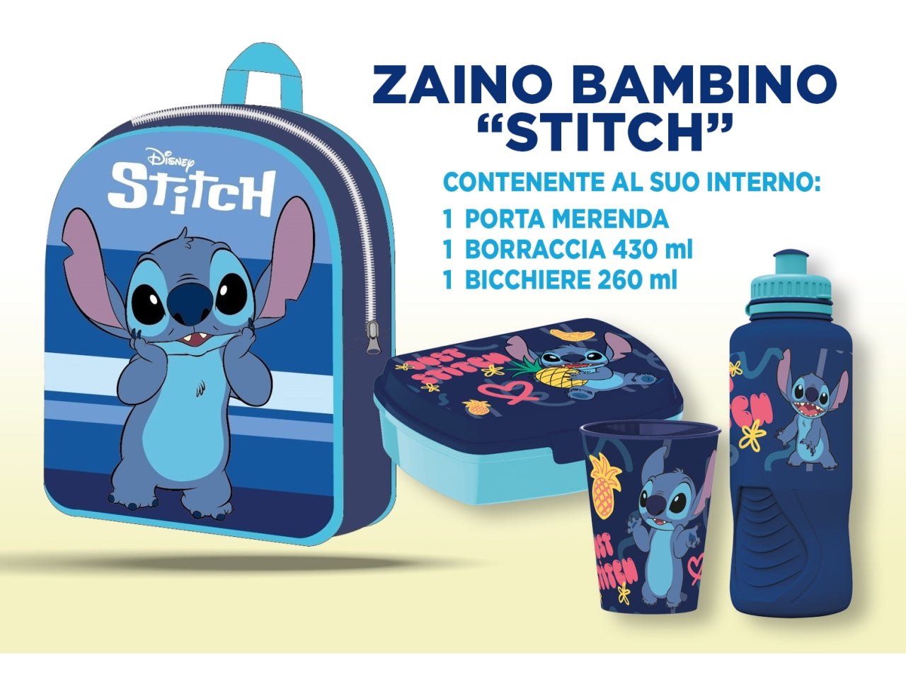 Zaino asilo Stitch basic azzurro e blu con accessori 30x26x10 cm - Real Trade Italia