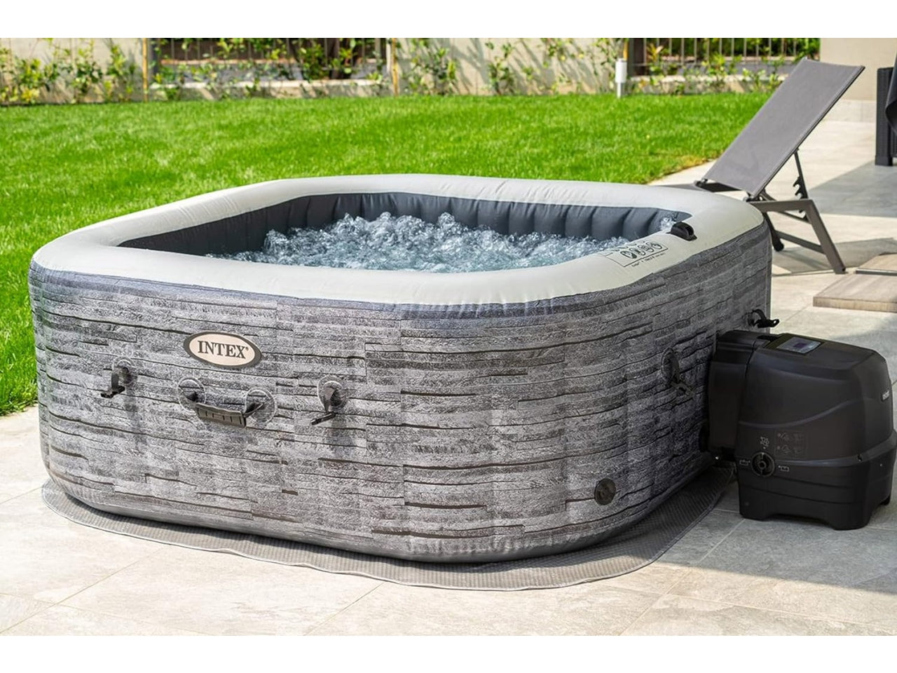 Bubble massage set greystone deluxe 4 posti quadrata con pompa, riscaldatore, sistema di purificazione acqua, 140 getti, telo base, telo copertura, dispenser di cloro
