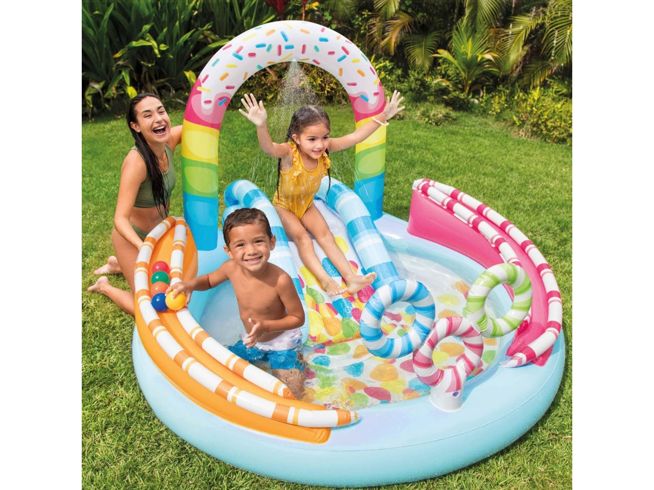 Piscina gonfiabile caramella con scivolo, doccetta, binari per palline e 6 palline multicolor in vinile 170x168x122 cm - Intex