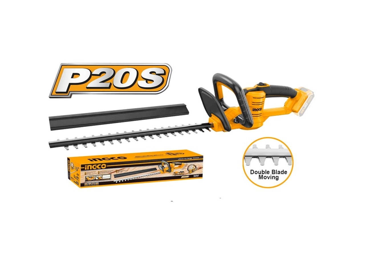 Tagliasiepi a batteria Ingco 20V con lama 450mm, con impugnatura confortevole