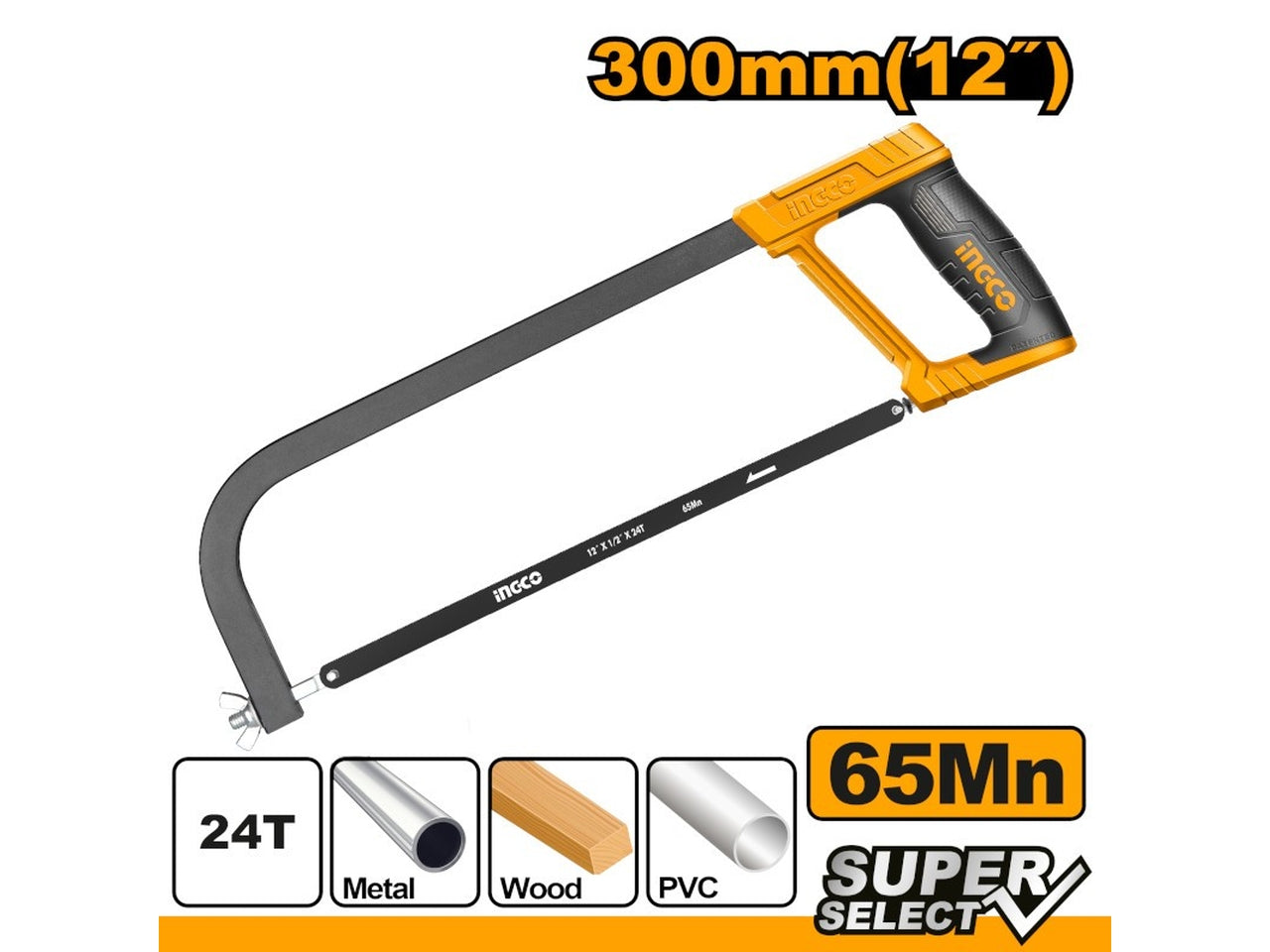 Seghetto a mano ad arco, Ingco, 30cm, con telaio regolabile: taglio preciso su pvc, legno e metallo
