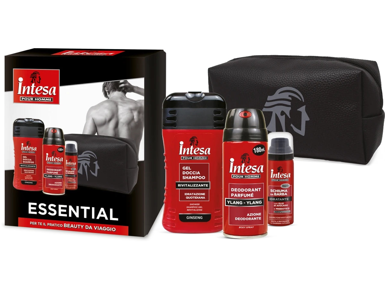 Confezione regalo intesa essential il set contiene deo intesa ph ylang 180ml, schiuma da barba avocado iph 50ml, docciaschiuma ginseng iph 250ml, cofanentto natalizio 2023, guaina iph ginseng natale 2023, pochette iph ecopelle con fodera