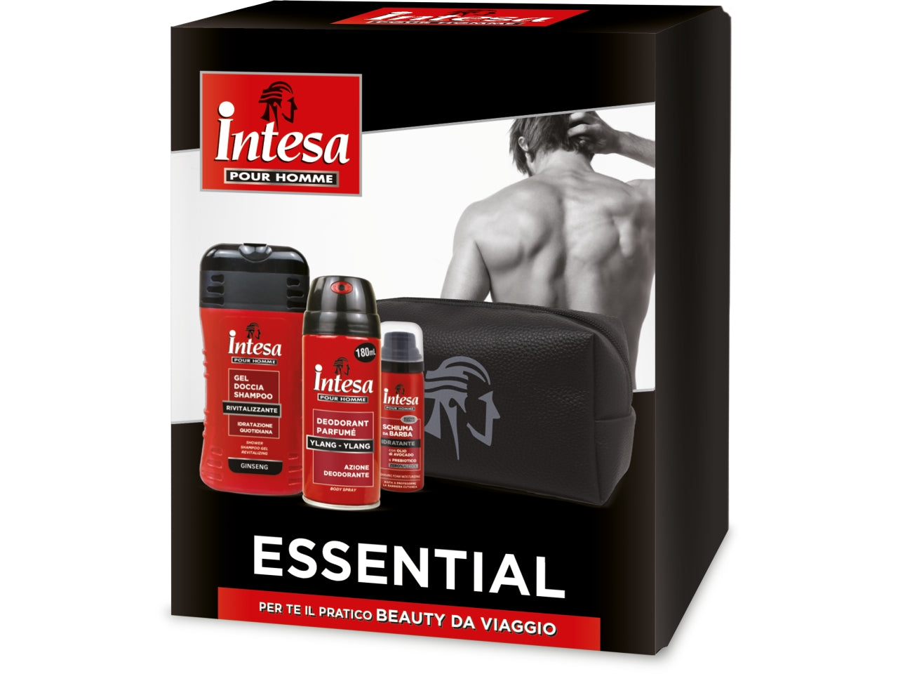 Confezione regalo intesa essential il set contiene deo intesa ph ylang 180ml, schiuma da barba avocado iph 50ml, docciaschiuma ginseng iph 250ml, cofanentto natalizio 2023, guaina iph ginseng natale 2023, pochette iph ecopelle con fodera