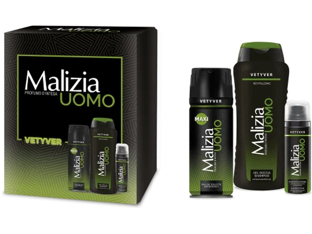Confezione regalo malizia uomo vetyver il set comprende deodorante vetyver new maxi, schiuma da barba malizia u.vetyver, docciaschiuma malizia u.vetyver, cofanetto nero confezione natale 2023, guaina malizia u.vetyver natale 2023