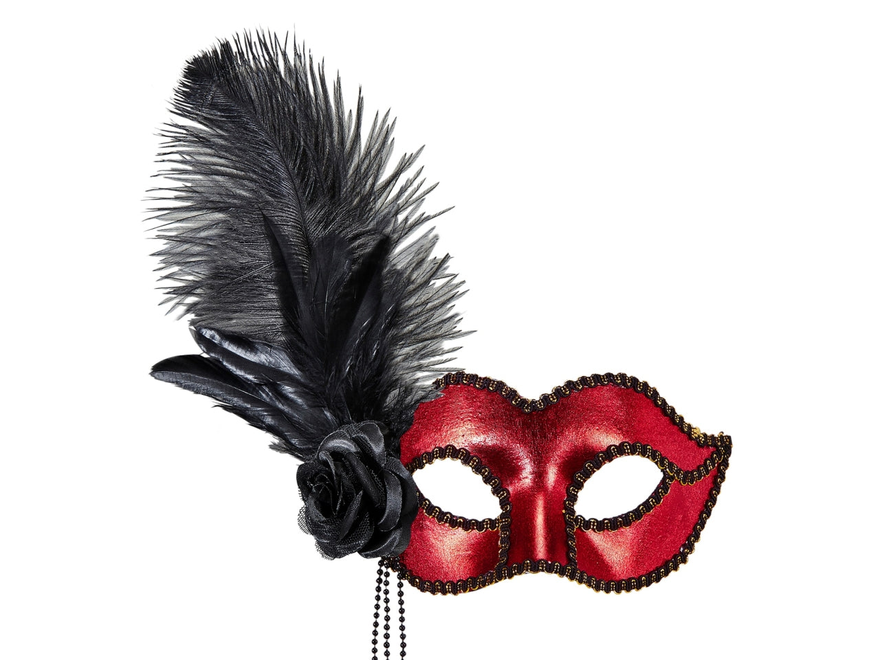 Maschera venezia colore rosso metallizzato con rosa, perline e piume