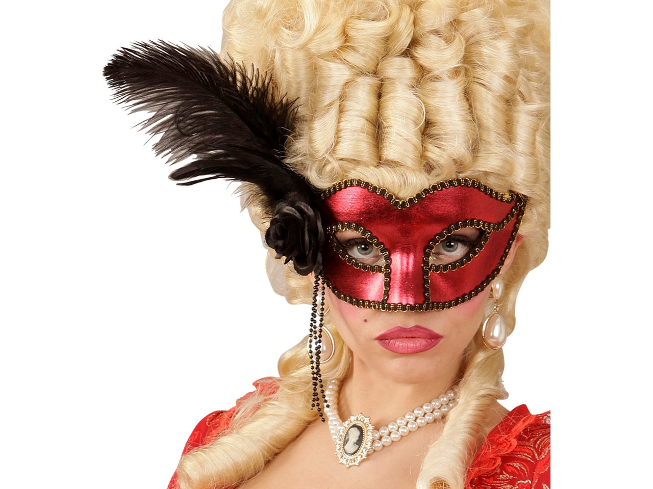 Maschera venezia colore rosso metallizzato con rosa, perline e piume