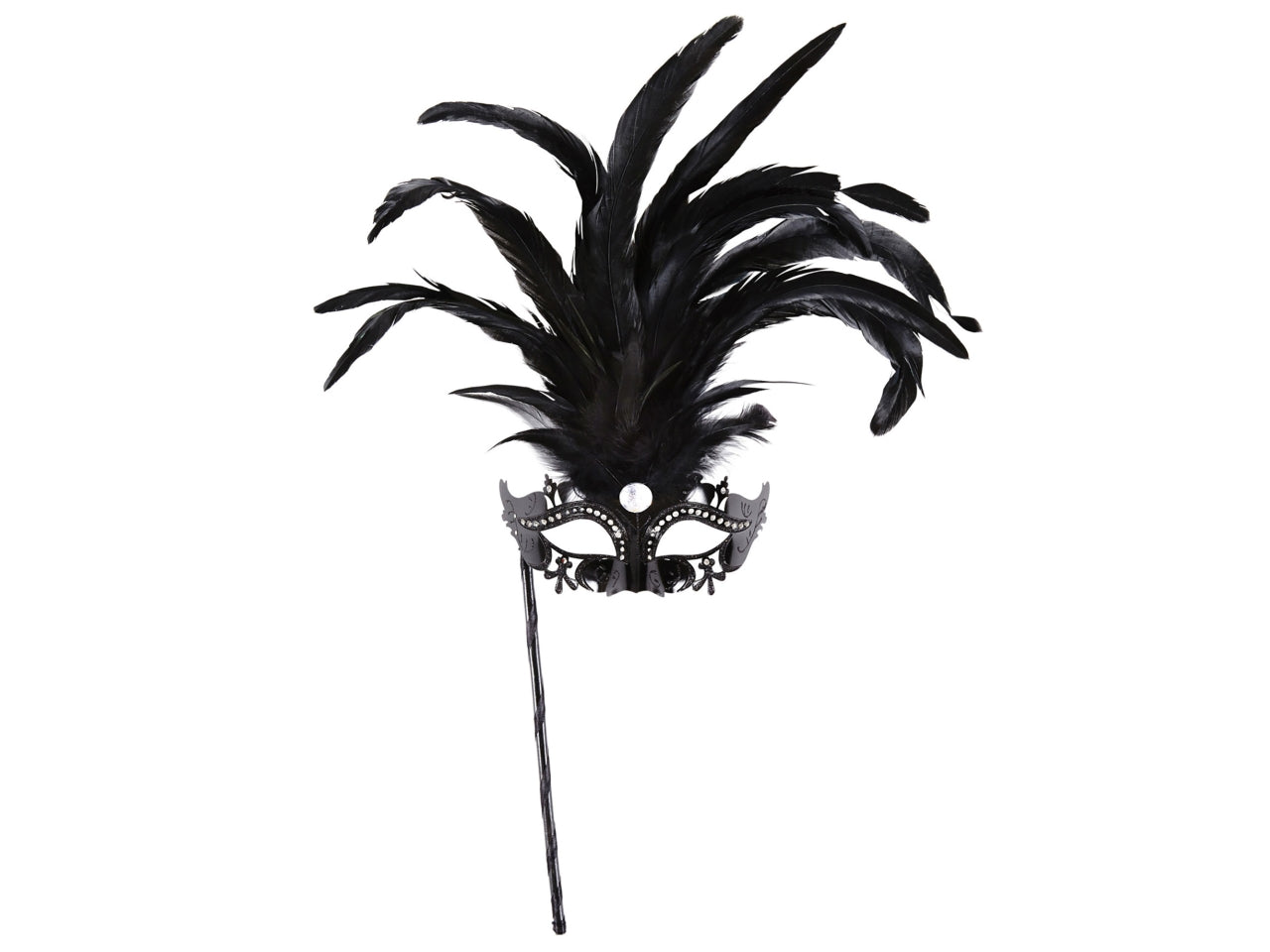 Maschera marchesa con bastoncino nera decorata con strass, gemma e piume