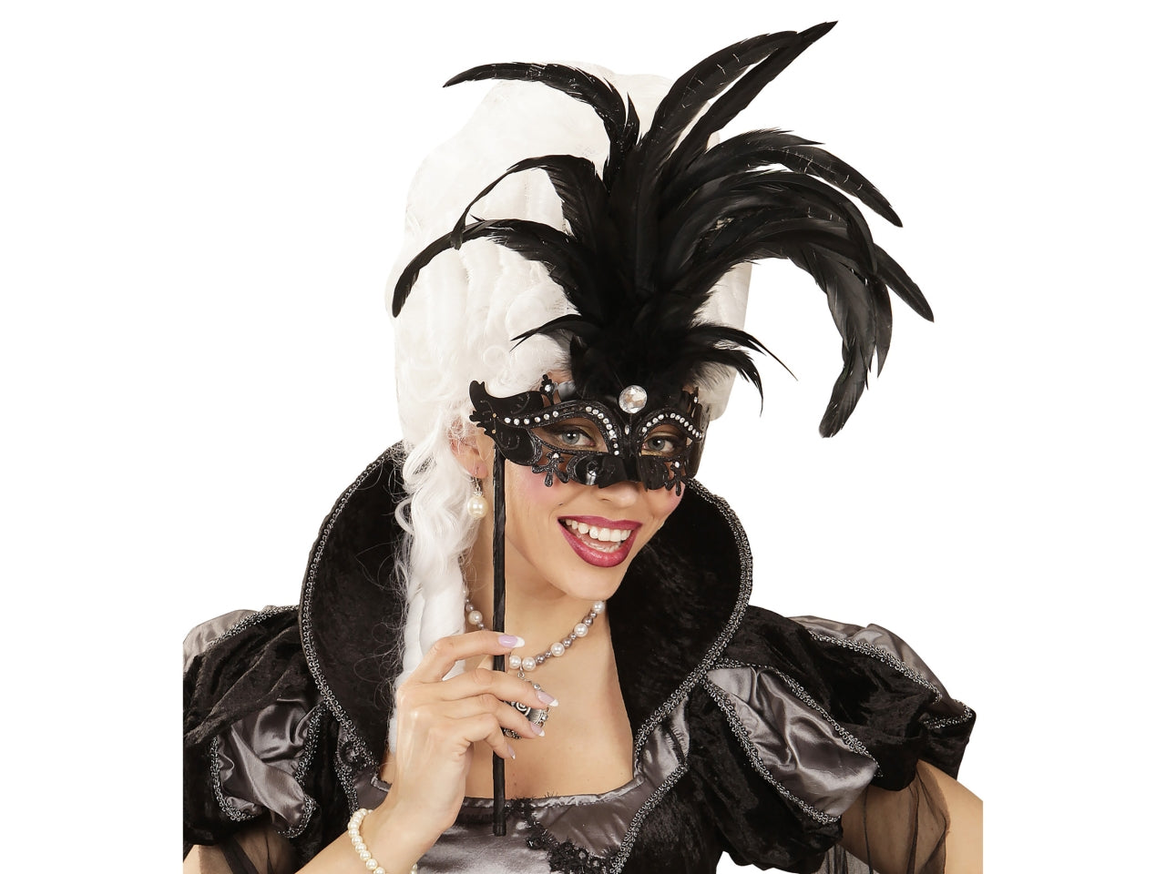 Maschera marchesa con bastoncino nera decorata con strass, gemma e piume