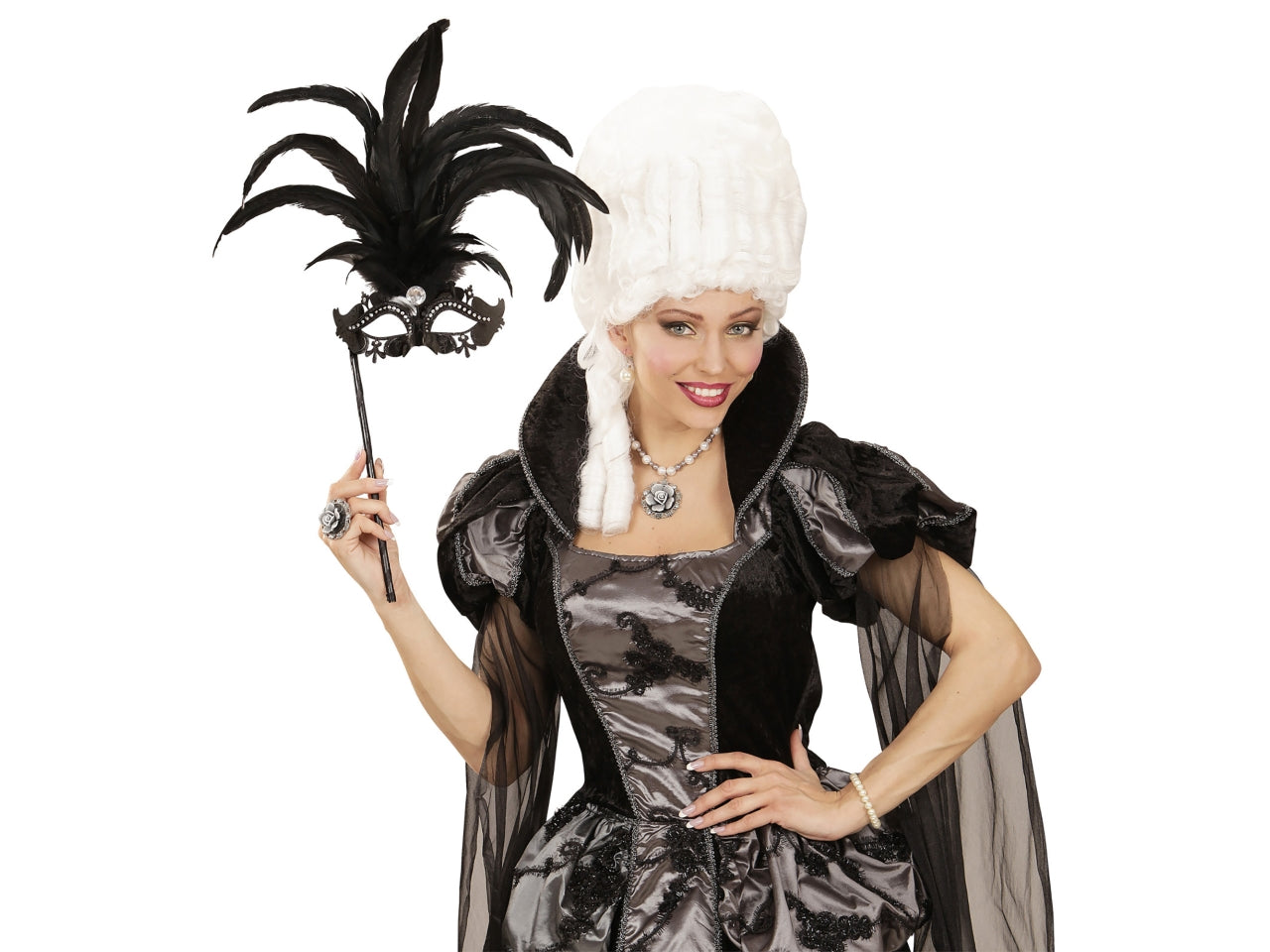 Maschera marchesa con bastoncino nera decorata con strass, gemma e piume