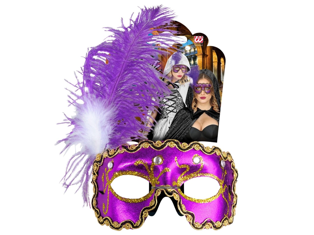 Maschera domino ballo mascherato con 4 gemme e piume