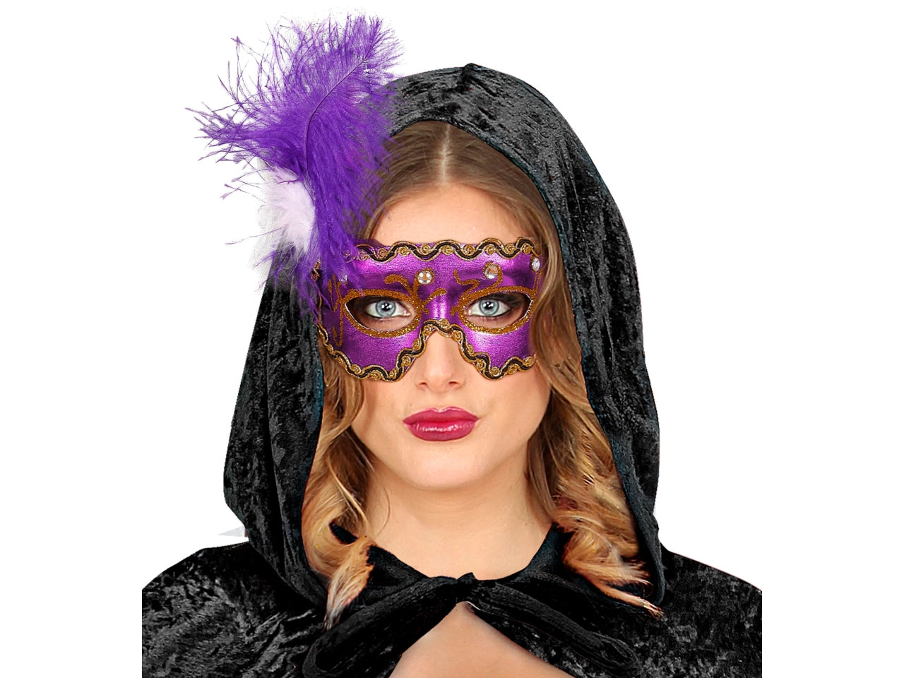 Maschera domino ballo mascherato con 4 gemme e piume