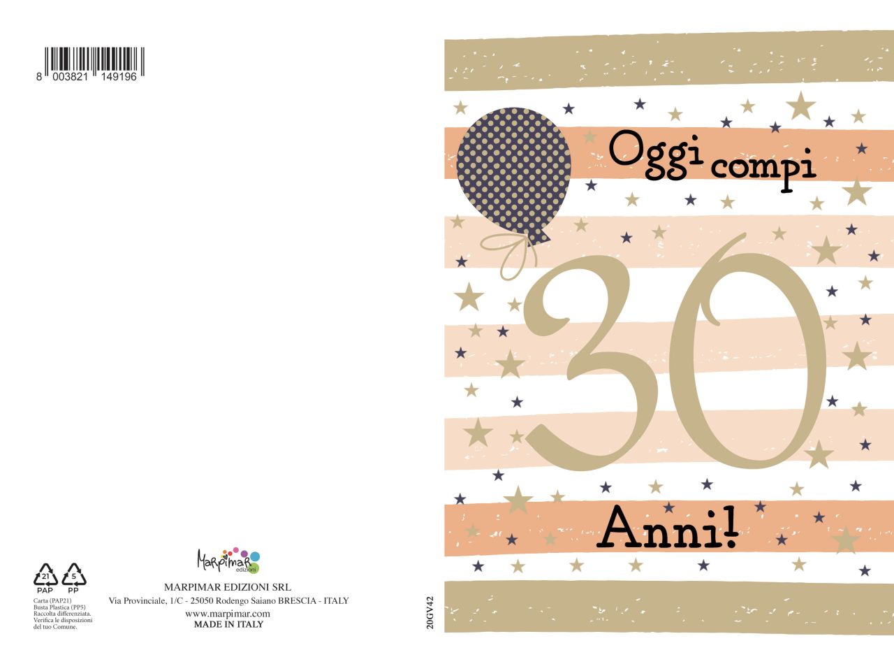 Biglietto auguri per i 30 anni con foil con busta