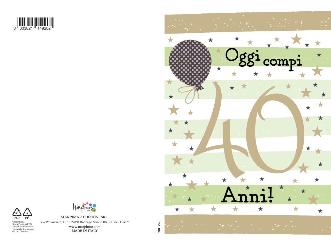 Biglietto auguri per i 40 anni con foil con busta