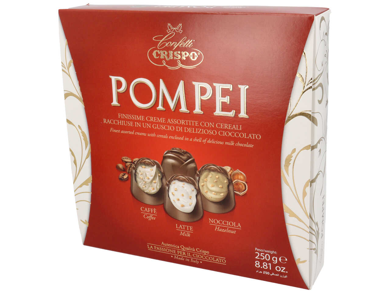 Pralinesse ripiene con crema latte, nocciola, caffè e croccanti cereali, confezione da 250g