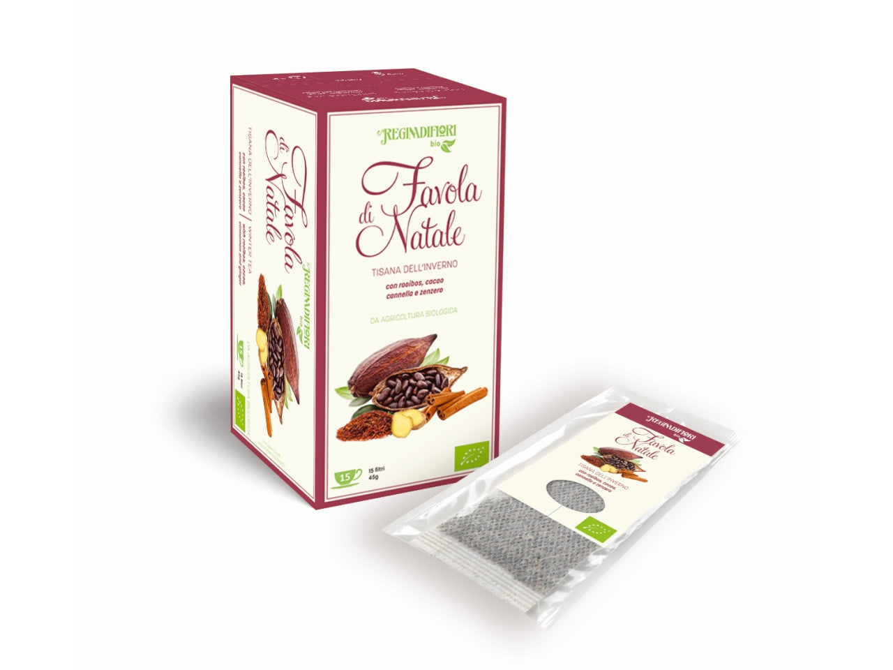 Tisana favola di natale - rooibos, cacao, zenzero e cannella - la confezione comprende 15 astucci da 3gr ciascuno