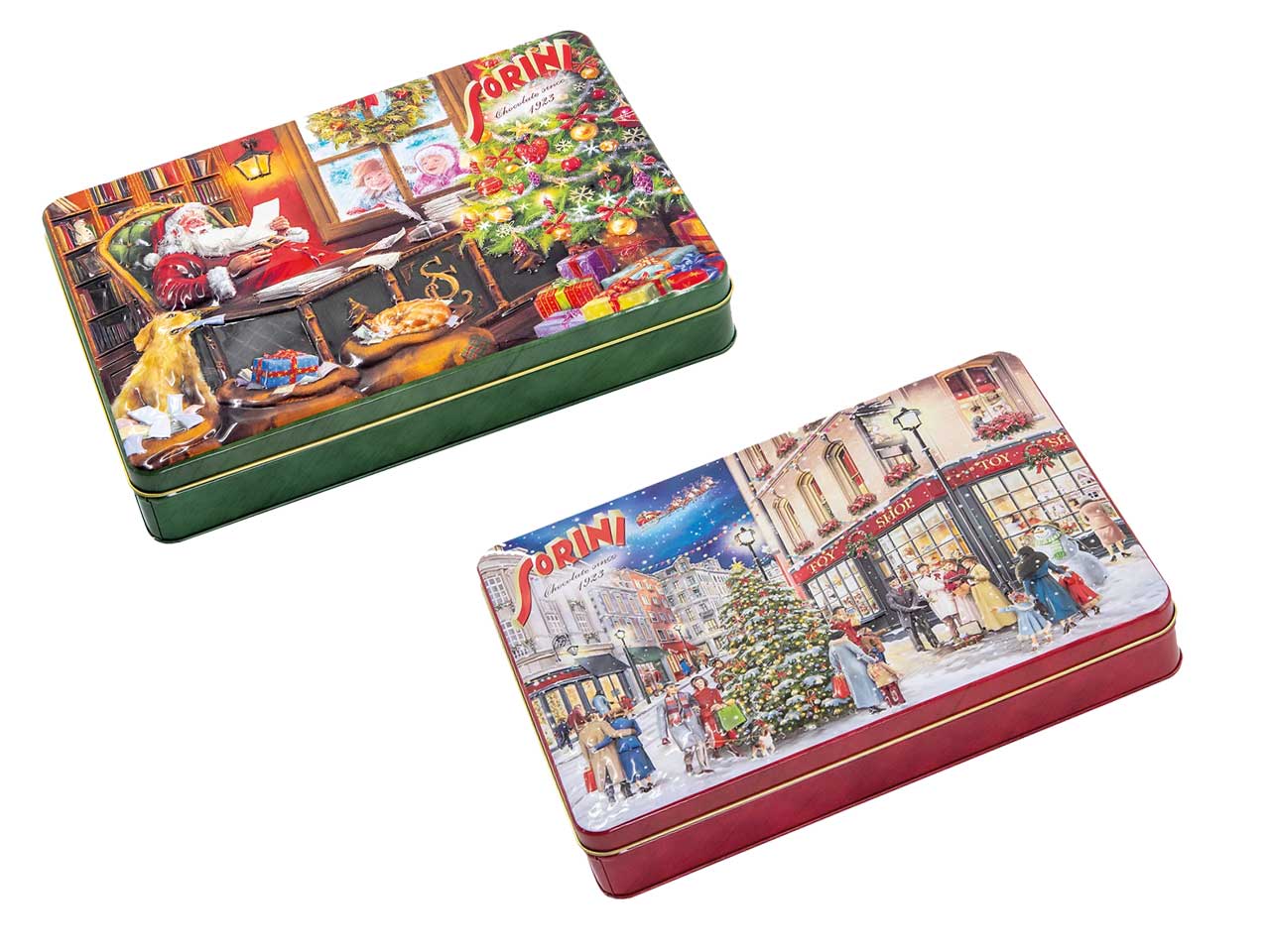 Scatola latta christmas time 185gr con cioccolatini al latte ripieni di crema alla nocciola e cereali