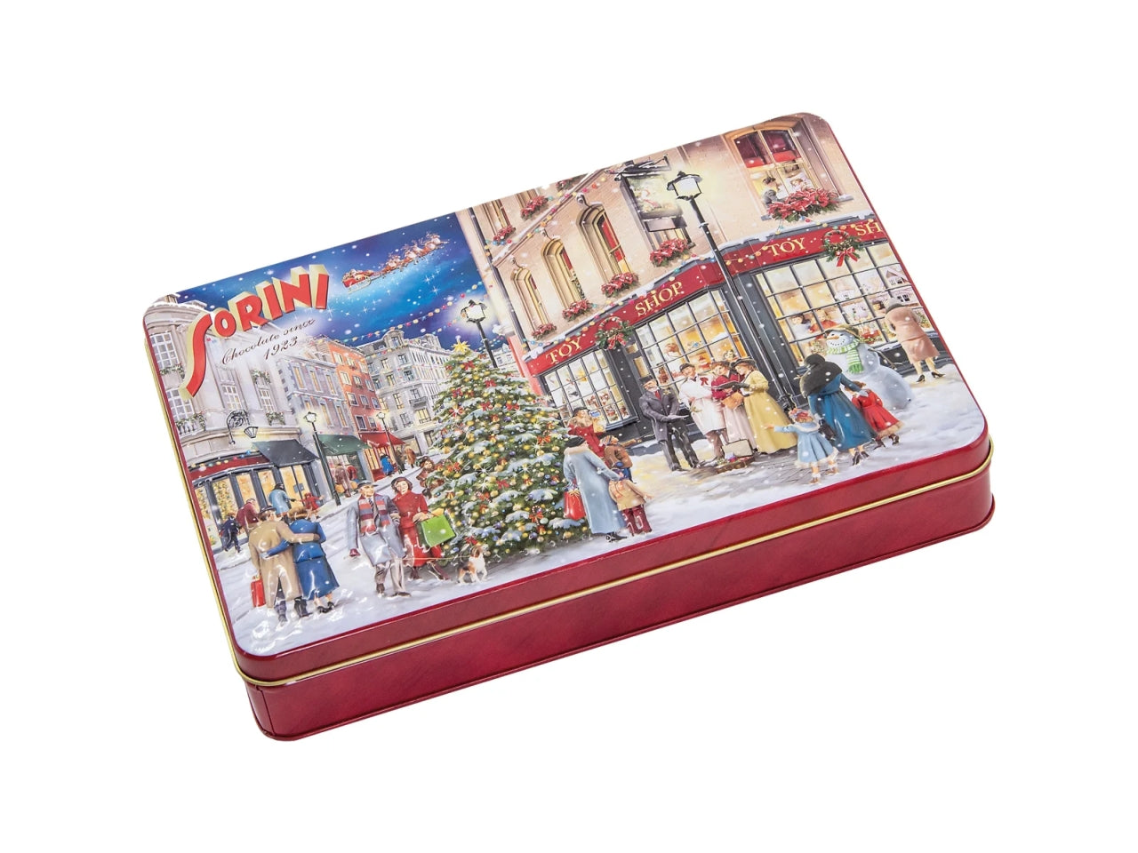 Scatola latta christmas time 185gr con cioccolatini al latte ripieni di crema alla nocciola e cereali