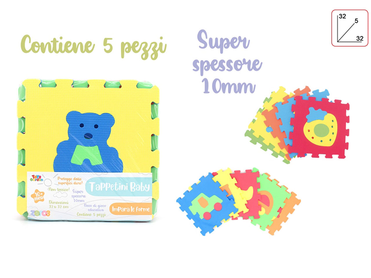 Zero3 tappetini puzzle con 5 pezzi con animali e veicoli misura 32cm