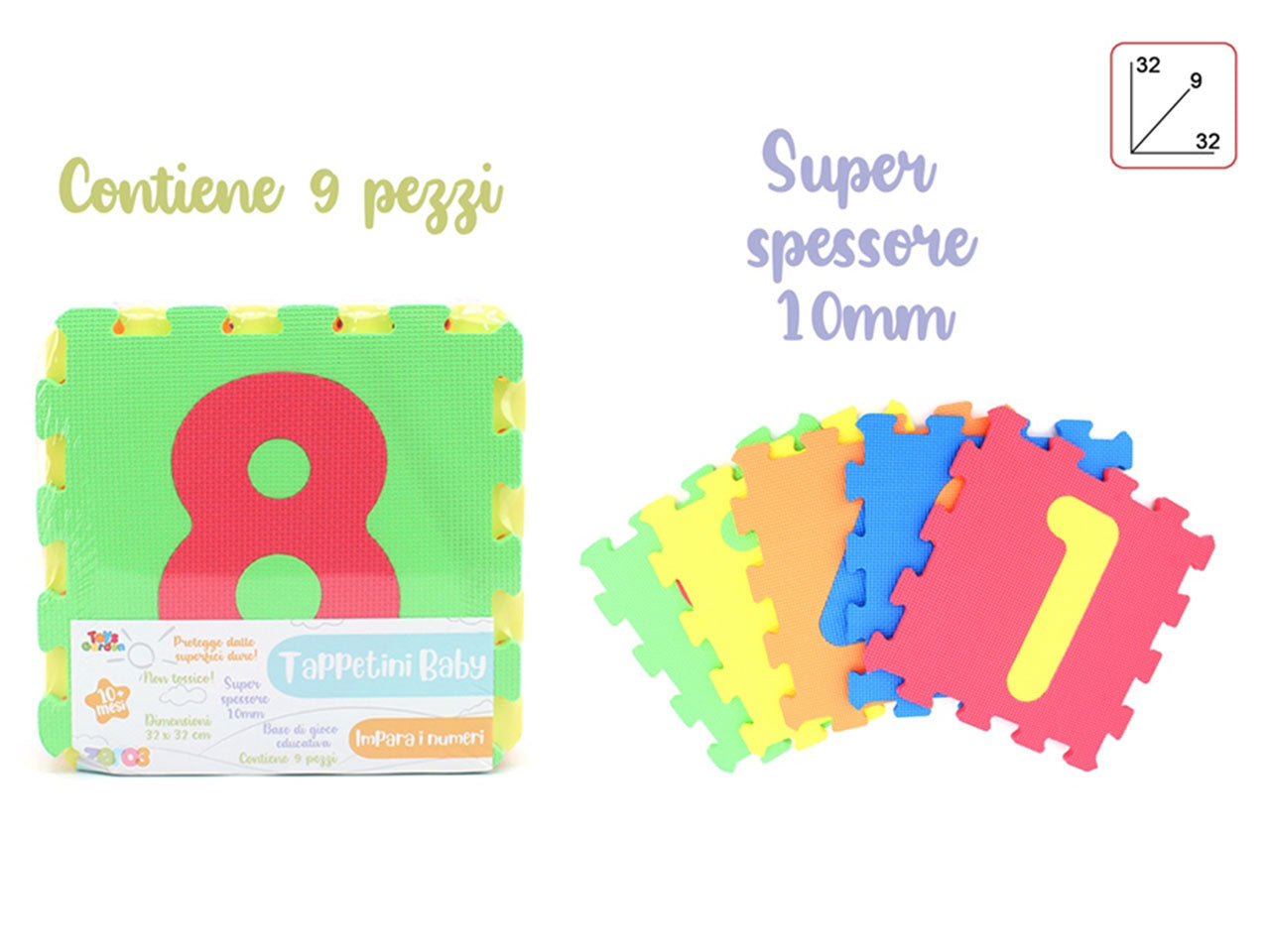 Zero3 tappetini puzzle con 9 pezzi e numeri misura 32cm